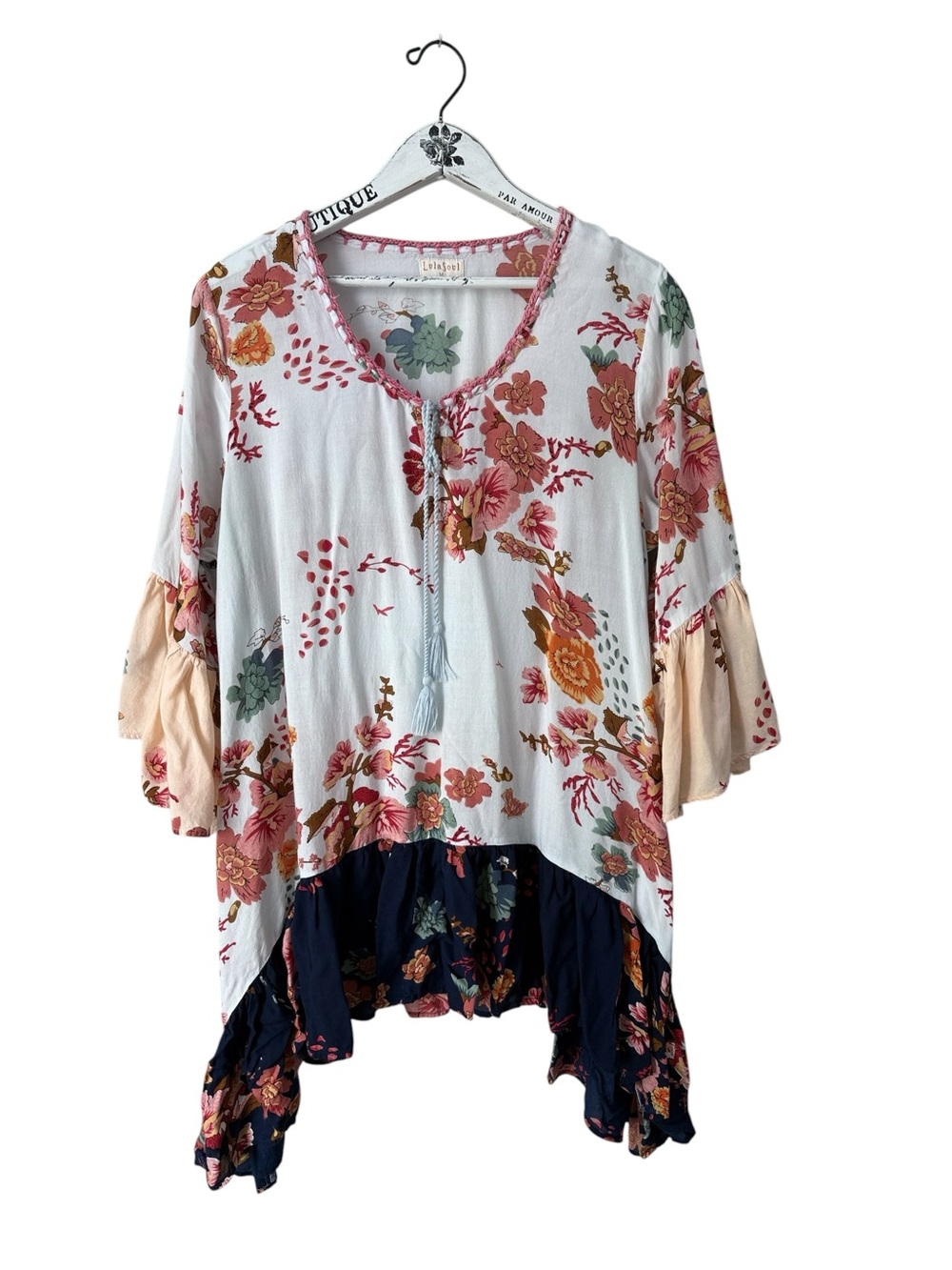 LulaSoul Floral Handkerchief Hem Boho Tunic Top Bell Sleeve Size M